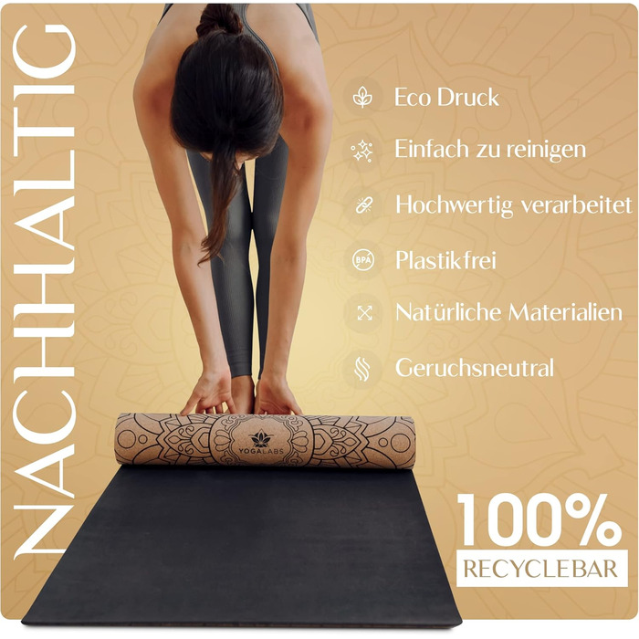 YOGALABS® Преміум 2-в-1 йога-мат із корка та натурального каучуку, 183×61×0,4 см, з ременем для перенесення, нековзкий, екологічний, для йоги, пілатесу та фітнесу, мандала