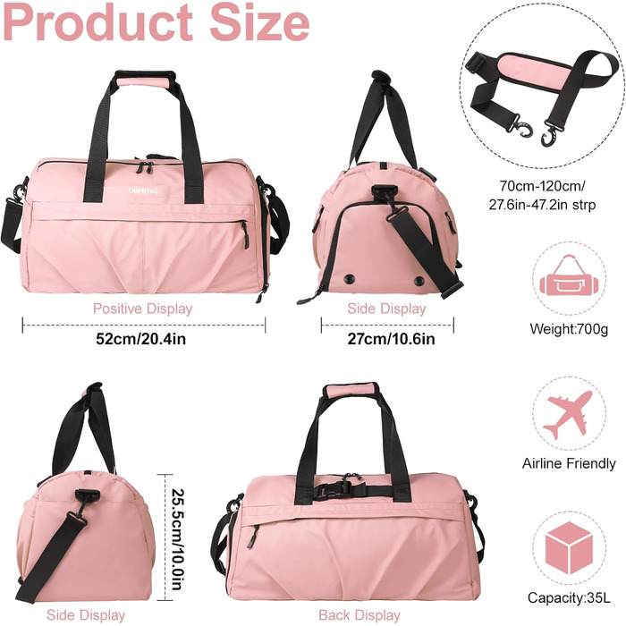 Спортивна сумка для жінок та чоловіків, жорсткий матеріал, дорожня сумка з відділенням для взуття, 2 вентиляційних отвори та мокре відділення, водонепроникна сумка-вікендер, спортивна/плавальна/сауна сумка (Зелений) (Рожевий)
