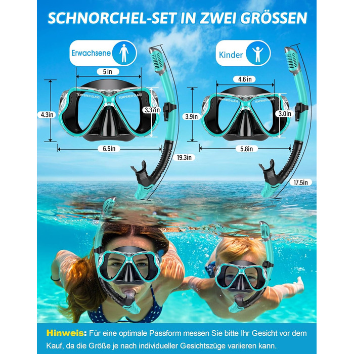 Schnorchel Set для дорослих QcoQce: сухий сноркeль, маска з жорсткого скла, панорамний огляд, антизапар, антивитік