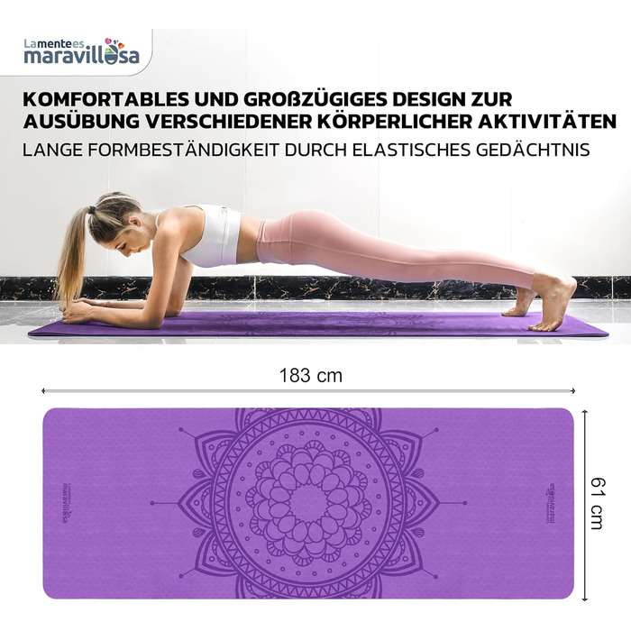Килимок для гімнастики та йоги з неслизьким покриттям, з сумкою та E-book, 183x61 см, Мандала, фіолетовий + чорний