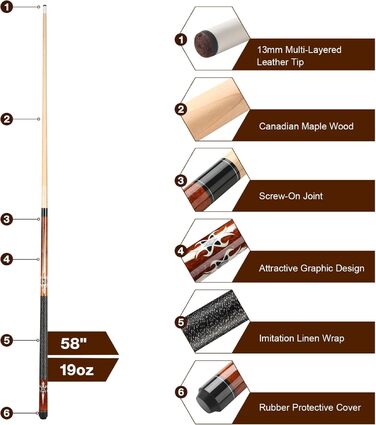 Більярдний кий Pool Cue 58 дюймів з канадського клена, 13 мм наконечники, для професійних гравців, 1/2 Maple, білий