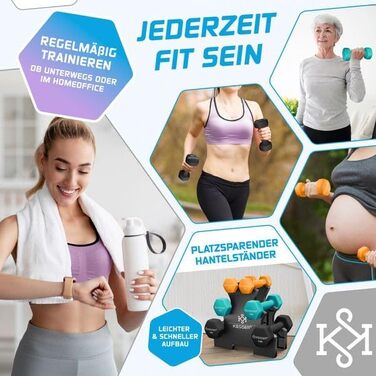 Набір гантелей KESSER® 18 кг з підставкою, 3 пари (1-5 кг), неслизьке неопренове покриття, з інструкцією та фітнес-гумками