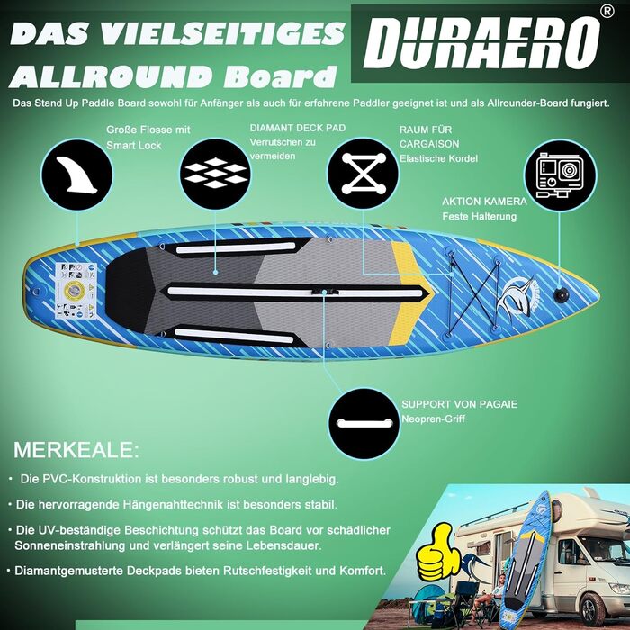 Надувна SUP-дошка DURAERO 330x76x15 см з кріпленням для камери, комплект аксесуарів, вантажопідйомність до 150 кг