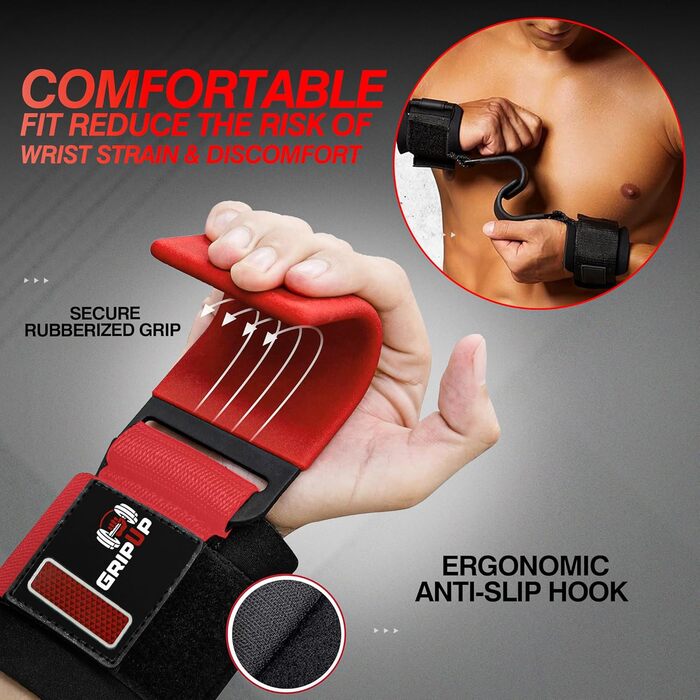 Набори для фітнесу: підтримка силових тренувань (пара), 8 мм м'які захисні накладки на зап'ястя, гаки для підйому штанги з гумовим покриттям, для пауерліфтингу, важкої атлетики, підтягувань та бодібілдингу, червоний