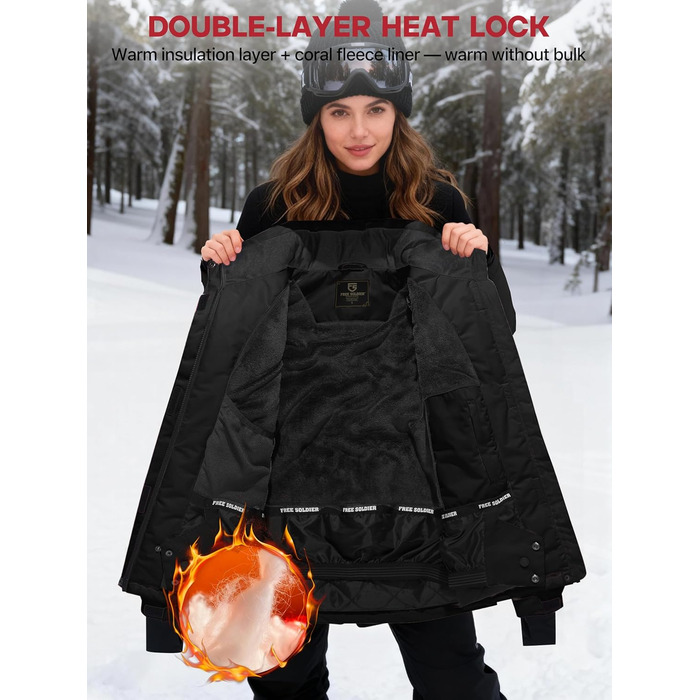 Водонепроникна жіноча зимова куртка FREE SODIER з флісовою підкладкою та капюшоном, Ginger Yeow (M, чорний/білий)