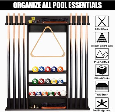 Стенд для київ та м'ячів для більярдного столу, бамбуковий, на 8 київ, з набором куль, органайзер для більярдного залу або клубу, темно-коричневий