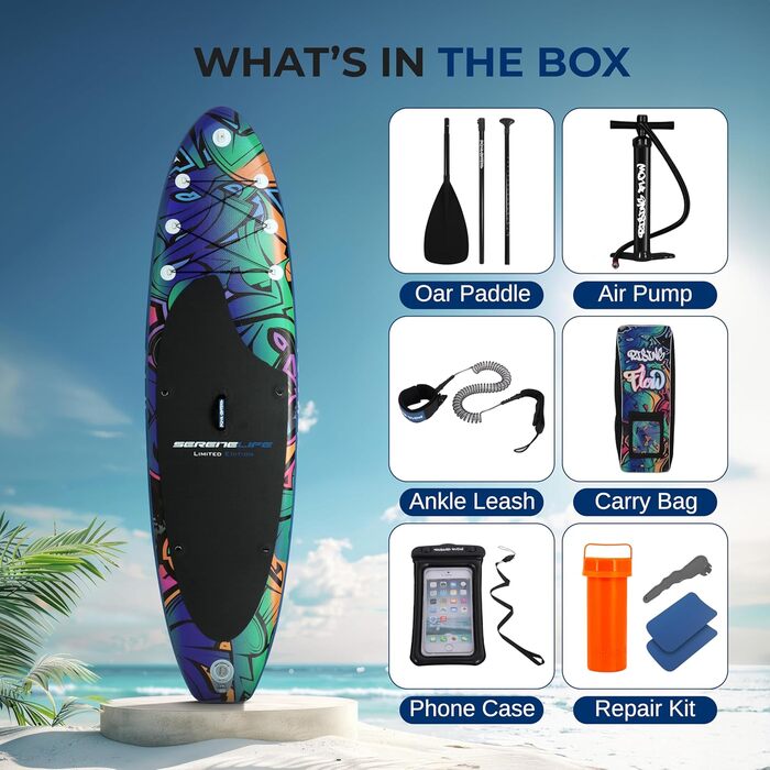 Надувна SUP-дошка SereneLife з аксесуарами, антиковзка, для дітей і дорослих, комплект із насосом, веслом, сумкою, чорна