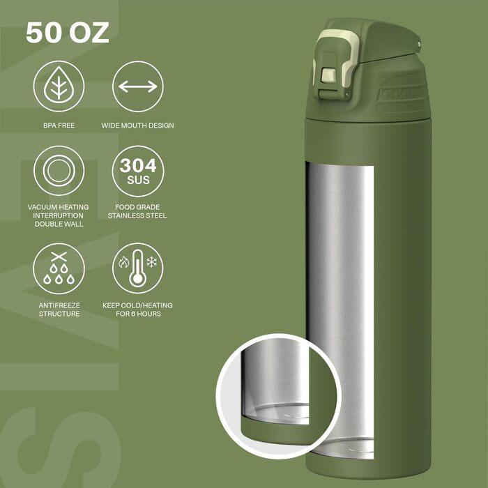 Термофляга SANTECO 1.5л з нековзним замком, нержавіюча сталь, BPA-Free, з чохлом для подорожей та кемпінгу, зелений мох