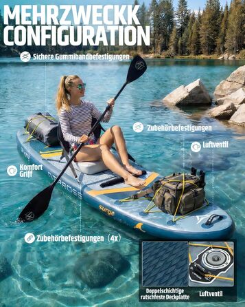 SUP дошка для плавання 366x92 см, сіро-помаранчева, до 240 кг - набір з сидінням та аксесуарами для йоги, риболовлі та серфінгу