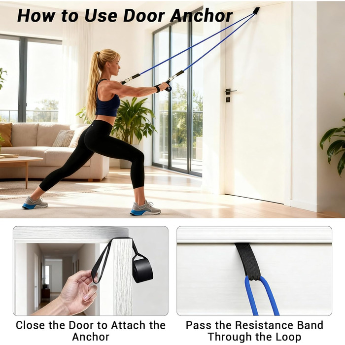 Набір еластичних стрічок для фітнесу з дверними фіксаторами, ручками та сумкою. 5 рівнів опору, для дому, силових тренувань, пілатесу, йоги