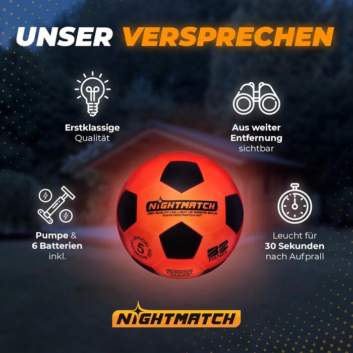 Світлодіодний футбольний м'яч NIGHTMATCH, розмір 5, водостійкий, для нічної гри, комплект з насосом і батарейками, для дітей та дорослих