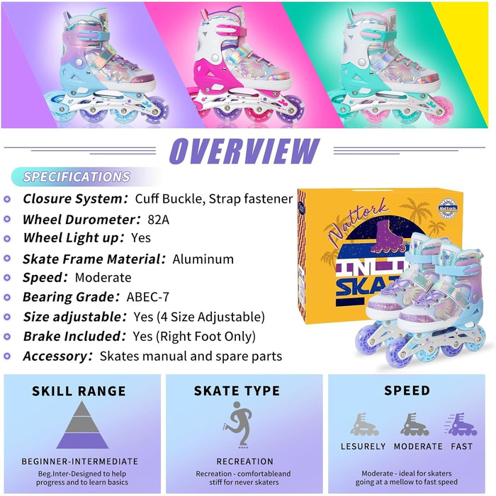 Дитячі ролики Nattork для дівчаток, 4 розміри, регульовані, рожеві, середній (32-36 EU)
