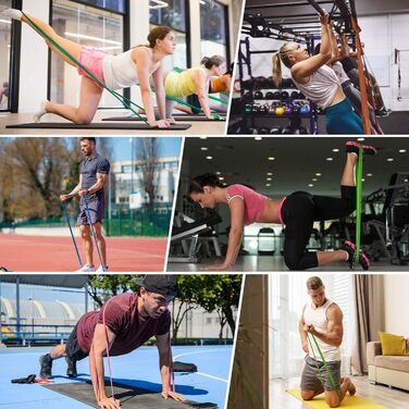 Набір еластичних стрічок для фітнесу Widerstandsbänder: 4 рівні, для силових тренувань, йоги, пілатесу, кросфіту, з кріпленням для дверей та сумкою для зберігання. Червоні, сині, фіолетові, зелені.