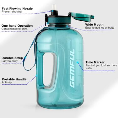 Пляшка спортивна GEMFUL 3л з мітками часу, соломинкою та ручкою, сіра. BPA-free, герметична, для фітнесу, тренувань та активного зволоження