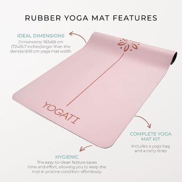 Протиковзкий килимок для йоги та фітнесу YOGATI з натурального каучуку, великий килимок з розміткою та сумкою для перенесення, рожевий