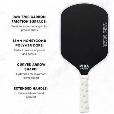 Професійна ракетка для піклболу PIBA Sports PRO, T700 карбон, 16 мм стільникова структура, шорстка поверхня для топ-спіну, подовжена ручка, легка та точна, для досвідчених і професіоналів