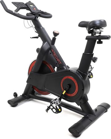 Велотренажер TechFit Professional Indoor Cycle з маховиком 20 кг, магнітним опором (99 рівнів), Bluetooth, дисплеєм, кріпленням для планшета, алюмінієвими педалями та регульованим кермом. Максимальна вага користувача: 200 кг. Розміри: 117x107x53 см