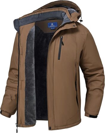 SPOSULEI Чоловіча зимова флісова куртка з утеплювачем, тепла, для катання на лижах, для активного відпочинку, вітронепроникна, водонепроникна, знімний капюшон, для походів (M, Коричнева)