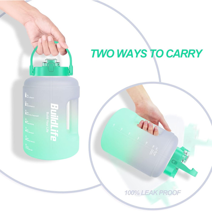 Спортивна пляшка BuildLife 2,5 л з маркуванням часу та двома кришками - без BPA - для спортзалу (2500 мл, фіолетово-зелений, 2500 мл)