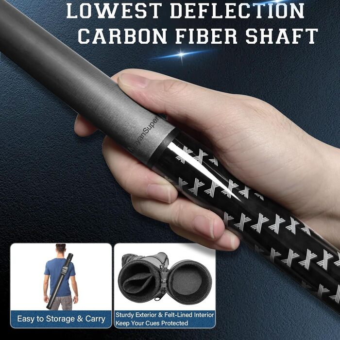 Професійний більярдний кий Billardqueue з карбону, низький упор, з кейсом та аксесуарами, 12.5 мм наконечник, 147.3 см, 567-595 г