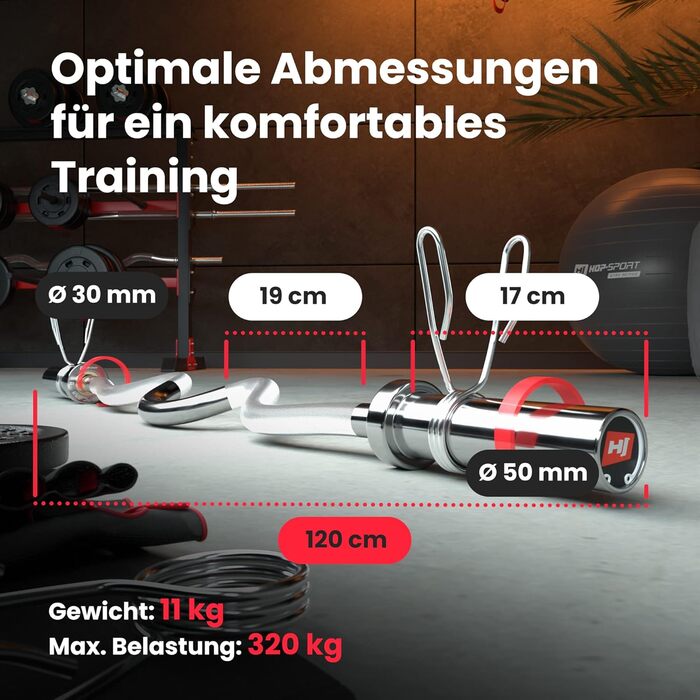 Штанга Hop-Sport Olympia 50 мм — олімпійська гриф 165 см, SZ-гриф 120 см, супер SZ-гриф 120 см, короткий гриф 50 см, хромований, з накаткою та пружинними замками