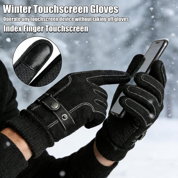 Чоловічі зимові рукавички KXF з шкіри, теплі, з флісовою підкладкою, вітронепроникні, для їзди на велосипеді, водіння, бігу, кемпінгу, походів, чорні, регульовані