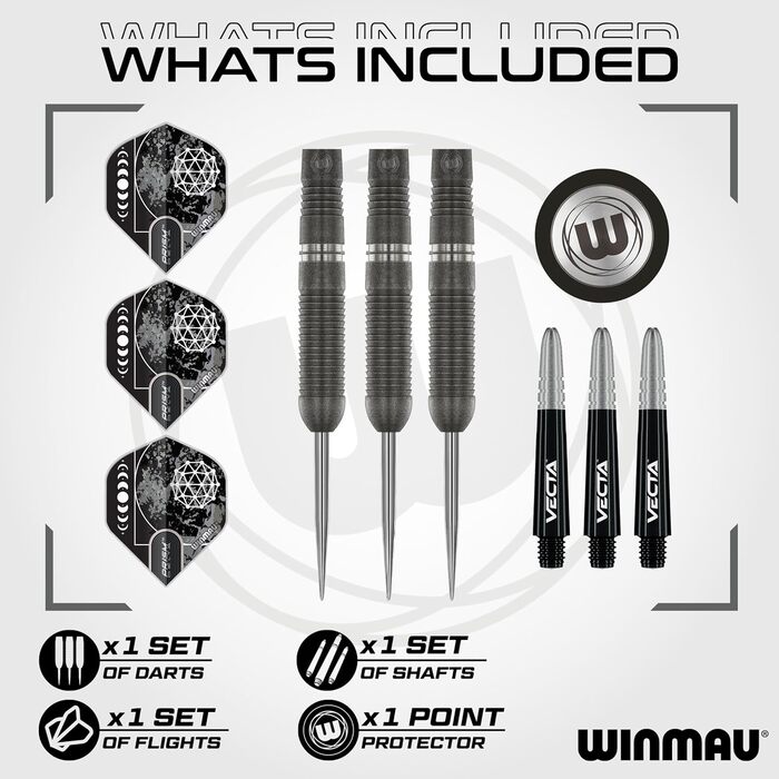 Дартс WINMAU Callisto 90% вольфрам, професійний набір з сталевим наконечником, 3 комплектації, ваги 22-26 г, з крилами та держателями