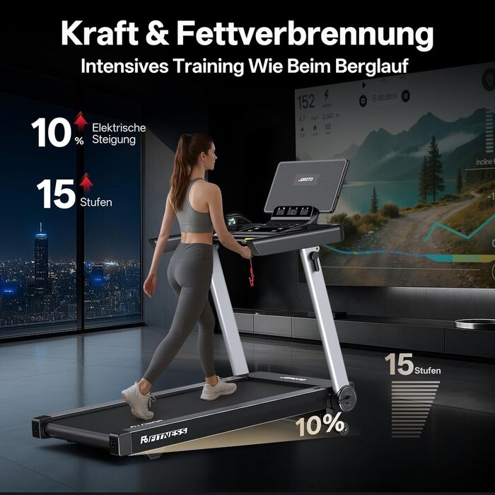 Біговий тренажер JOROTO для дому, складаний, 2.5PS, нахил 1-10%, LED дисплей, 15 програм, 1-16 км/год, велика площа бігової доріжки 130×48 см, Bluetooth, Kinomap, вантажопідйомність 150 кг, чорний