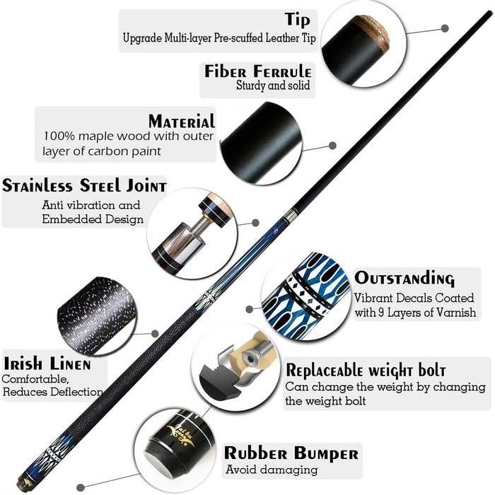 Кю (біліардна палиця) Tai Ba Cues: Професійний кий для більяру з канадського клену, 13 мм наконечник, 58'', вага 19,20,20 Oz, вибір кольору (синій, червоний, зелений), з чохлом та захистом з'єднання