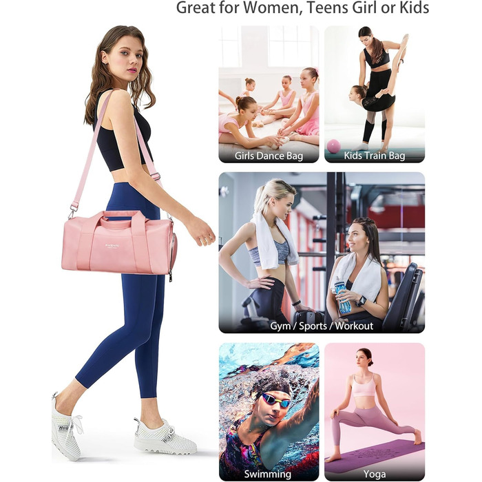 Спортивна сумка 16 дюймів для жінок та дітей з відділенням для взуття та водонепроникним розділенням. Ідеальна для фітнесу, танців, плавання та подорожей (рожева)