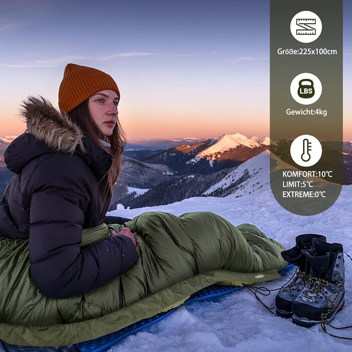 Спальний мішок AGEM для дорослих: 3-4 сезони, 225x100 см, 4-5 кг, для кемпінгу та риболовлі