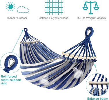 Гамак для відпочинку на відкритому повітрі: кемпінговий гамак з дерев'яною перекладиною, ременями та сумкою. Підходить для дому, балкону, тераси, саду, подорожей з рюкзаком. Колір: блакитний