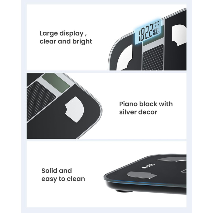 Електрична вага RENPHO з вимірюванням жиру, сонячна, точність 50г, до 180кг, з додатком, чорна