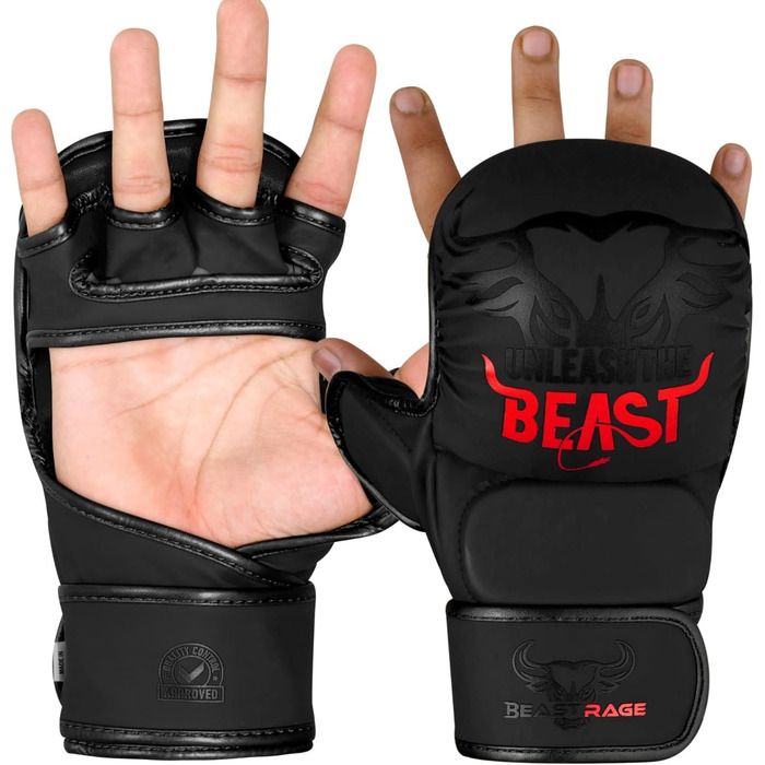 MMA рукавички BEAST RAGE для чоловіків та жінок, регульована підтримка зап'ястя, відкрита долоня, рукавички для бойових мистецтв, греплінг, спаринг, муай-тай, кікбоксинг, Taekwondo (L-XL, Червоні)