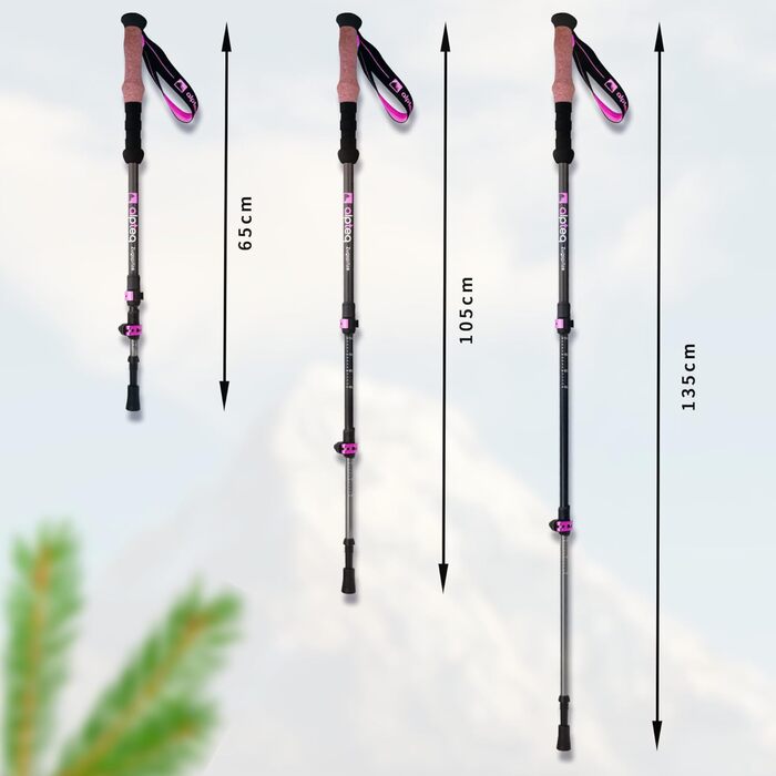 Телескопічні трекінгові палиці з карбону та алюмінію для скандинавської ходьби, регульовані (65–135 см), ергономічні, рожеві