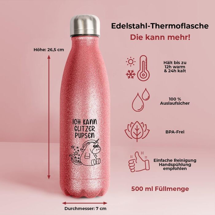 Термобутилка з нержавіючої сталі Glitzer, рожевий, BPA-Free, подарунок