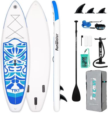 Надувний SUP-борд FunWater 10'6' та 11'6' з аксесуарами: весло, насос, рюкзак, плавники. Підходить для всіх рівнів підготовки. Рожевий та блакитний кольори.