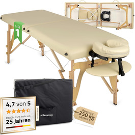 Масажний стіл HABYS Sofia Light Massageliege: складаний, дерев'яний, 2 зони, 185x60x85 см, до 250 кг, з підлокітниками та підголовником, сумка, сертифікат MDR, бежевий