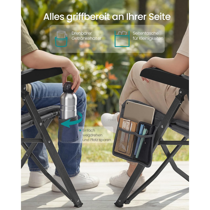 Складаний туристичний стілець SONGMICS для відпочинку та риболовлі, сірий, з регульованою спинкою та кишенями