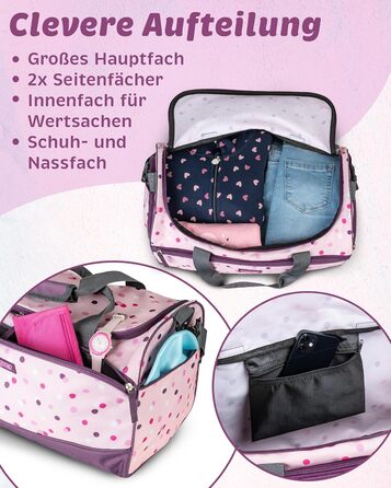 Дитяча спортивна сумка Kinder Sporttasche 25 л для дівчаток - рожево-фіолетовий принт, з відділенням для взуття та мокрих речей, регульований плечовий ремінь