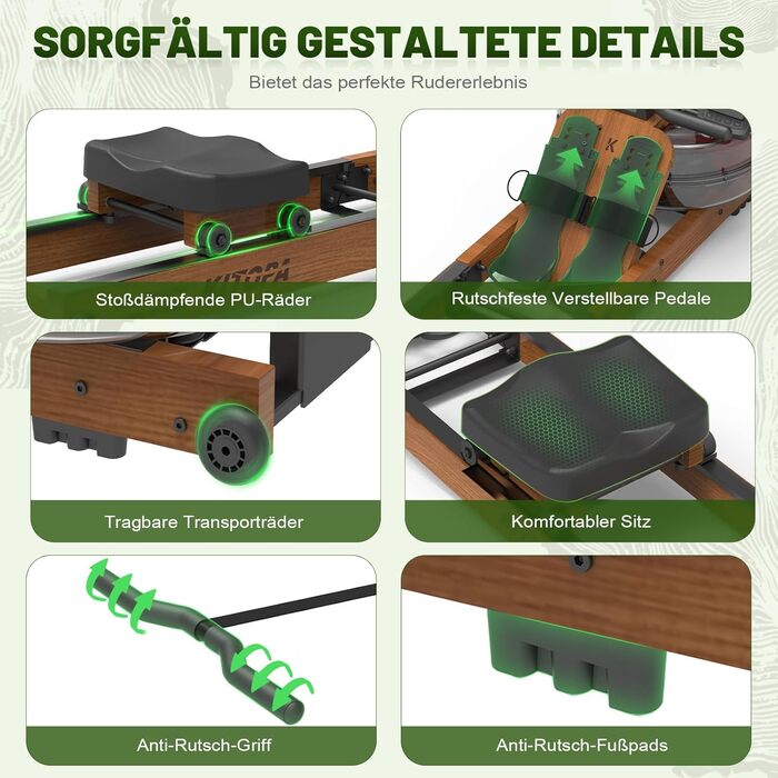 Гребний тренажер Kitopa з водою, дерев'яний, для дому, складаний, з Kinomap (30 днів), максимальна висота користувача 2м, вага до 160кг, Bluetooth, дисплей, регульований тримач для телефону, коричневий