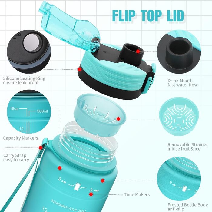 Спортивна пляшка для води 1л/500мл/700мл/1500мл Tritan, BPA-free, з маркуванням часу - для фітнесу, велосипеда, йоги, школи, тренажерного залу. Кольори: темно-зелений, темно-синій, синьо-фіолетовий (1000 мл, синій)