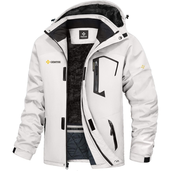 Чоловіча зимова куртка GEMYSE для катання на лижах, тепла, вітронепроникна, водонепроникна, дихаюча, з багатьма кишенями, з капюшоном, білий, розмір L
