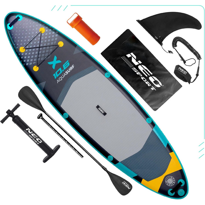 Надувний SUP Neo-Sport - комплект для сапбордингу з аксесуарами (насос, весло, страхувальний трос, рюкзак) - 320 см, Aquasurf 10.6, темно-синій та жовтий
