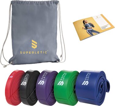 Силові стрічки SUPERLETIC Powerbands для фітнесу, резинові еспандери різної жорсткості, для підтягувань, тренувань з власною вагою, 5 рівнів опору, з тренувальним гідом
