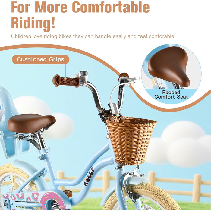 Дитяче велосипед RULLY для дівчаток з додатковими колесами, кошиком та сидінням для ляльки, регульоване сидіння, 2-7 років, блакитний, 16 дюймів