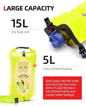 Плавальний буй Abahub з герметичним мішком (Dry Bag) для swimmers у відкритій воді, 15 л, зелений — водонепроникна допомога при плаванні з сигнальним свистком