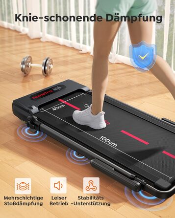 Складана бігова доріжка для дому з нахилом 7%, Walking Pad до 12 км/год, з регульованим поручнем та знімним робочим столом, двигун 3.0 к.с., керування через додаток та пульт, червоно-чорна