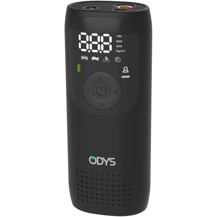 ODYS FlexPump акумуляторний портативний електричний компресор-насос для авто, мотоцикла, велосипеда, самоката, м'ячів (0-10 Бар, 0-150 PSI, 2000 мАг, зарядка USB-C, цифровий дисплей, LED-підсвітка)