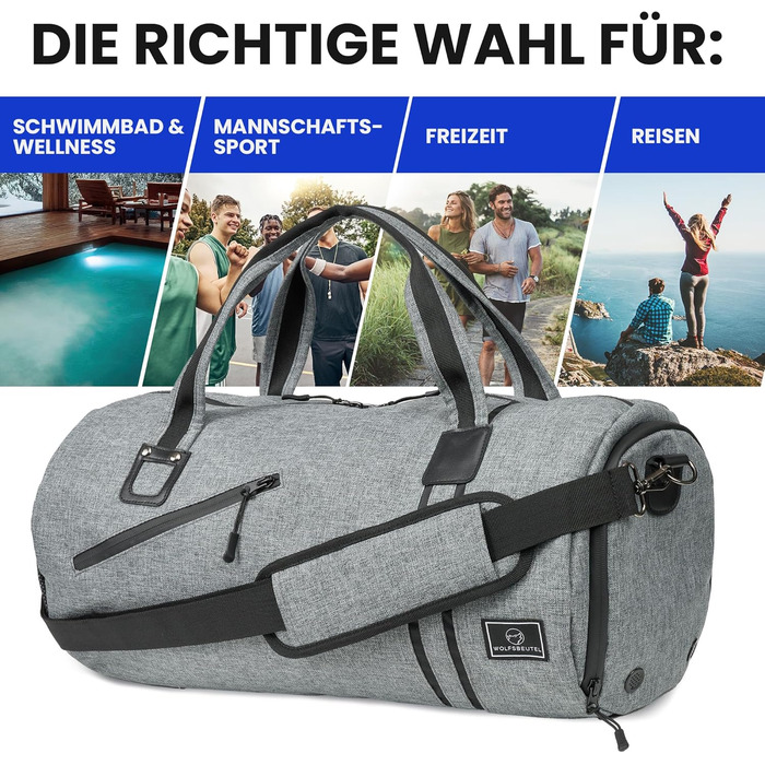 Спортивна сумка WOLFSBÜTEL® 30L: дорожня, для фітнесу, з відділенням для взуття та мокрих речей | Водостійка, сірого кольору